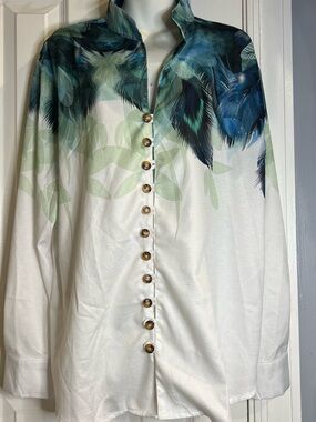 Women's Button-Down Shirt with Teal Feather Print